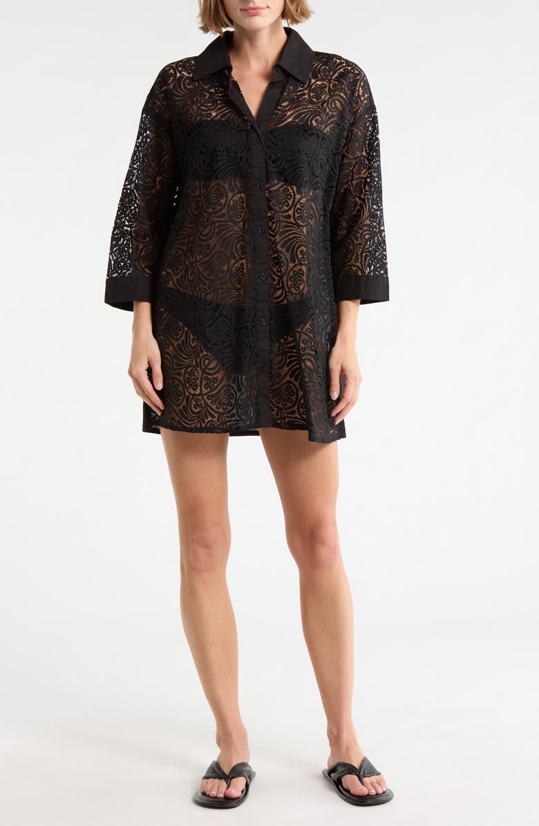 BOHO ME Lace Front Cover-Up Shirt, Main, color, Black