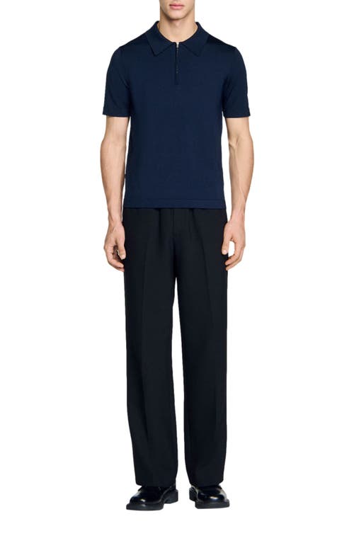 Sandro Knitted Polo Shirt With Zip Collar In Navy Blue