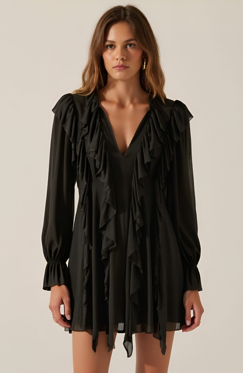Modenaire Solid Knit Romper With V-neck Tie Closure, Cascading Ruffles And Long Bubble Sleeves In Black