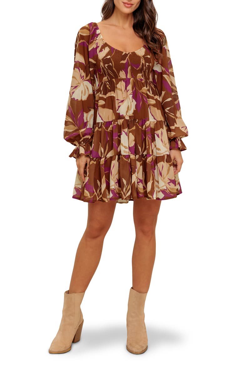 Floral Long Sleeve Tiered Babydoll Dress, Main, color, BROWN