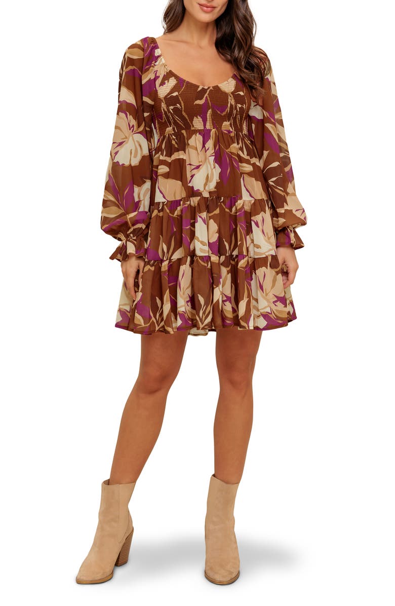 FLYING TOMATO Floral Long Sleeve Tiered Babydoll Dress, Main, color, Brown