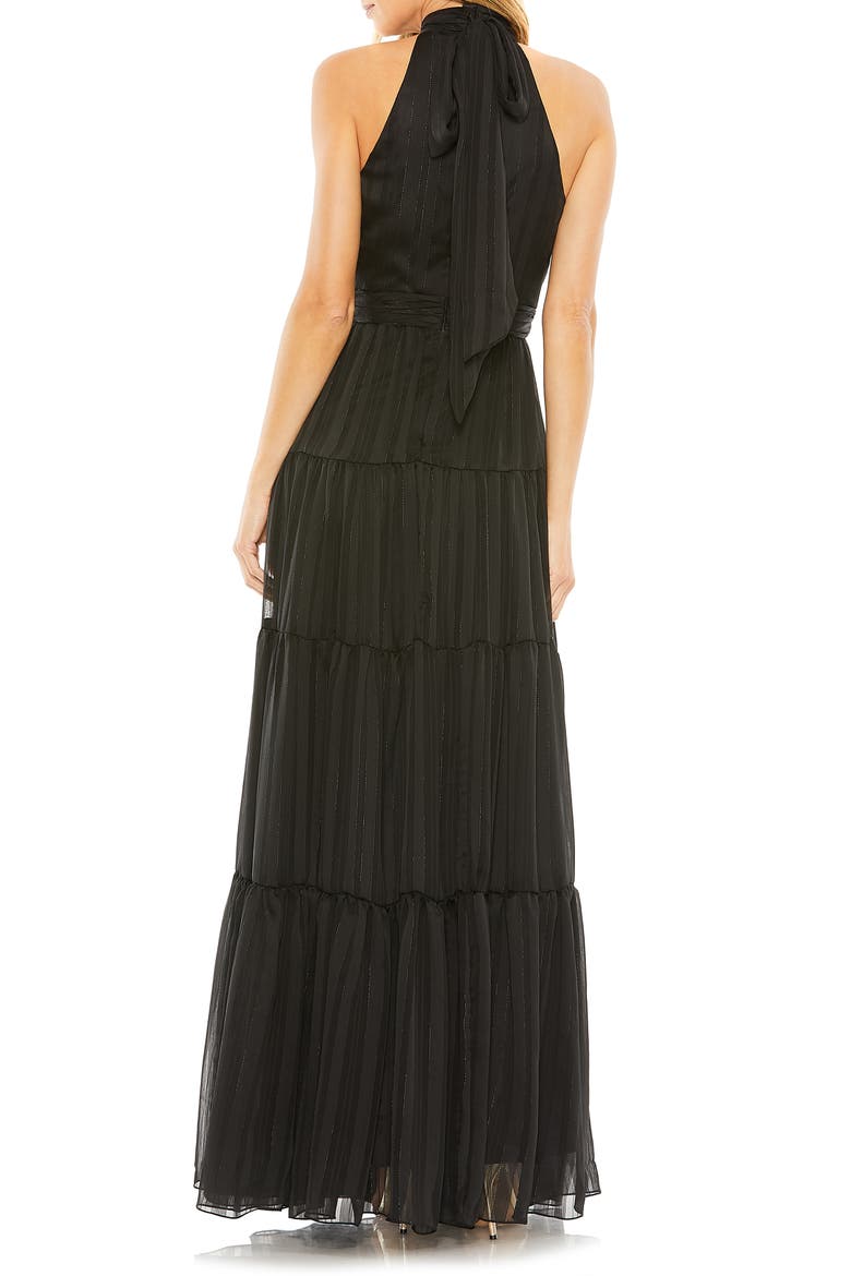 Pleated Bodice Tiered Tie Neck Halter Gown, Alternate, color, BLACK