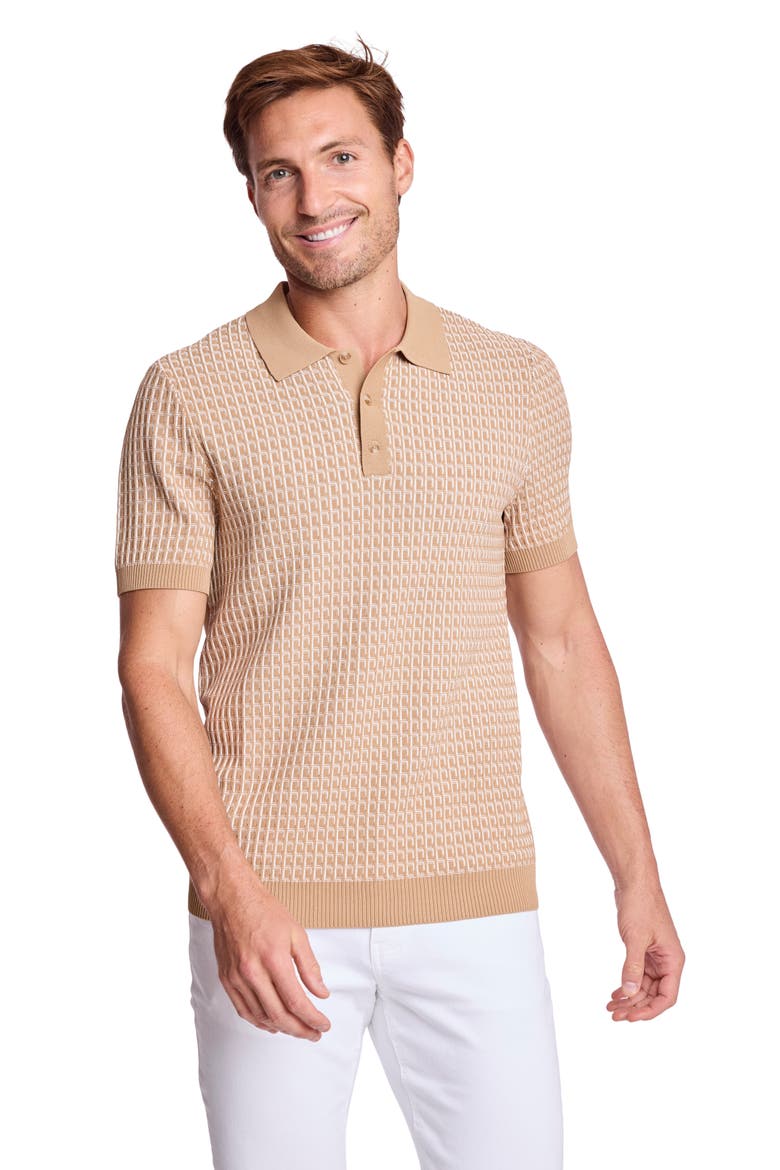 Trim Fit Geometric Knit Polo, Alternate, color, TAN & WHITE