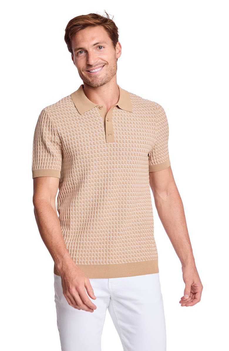 PAISLEY & GRAY Trim Fit Geometric Knit Polo, Alternate, color, Tan & White