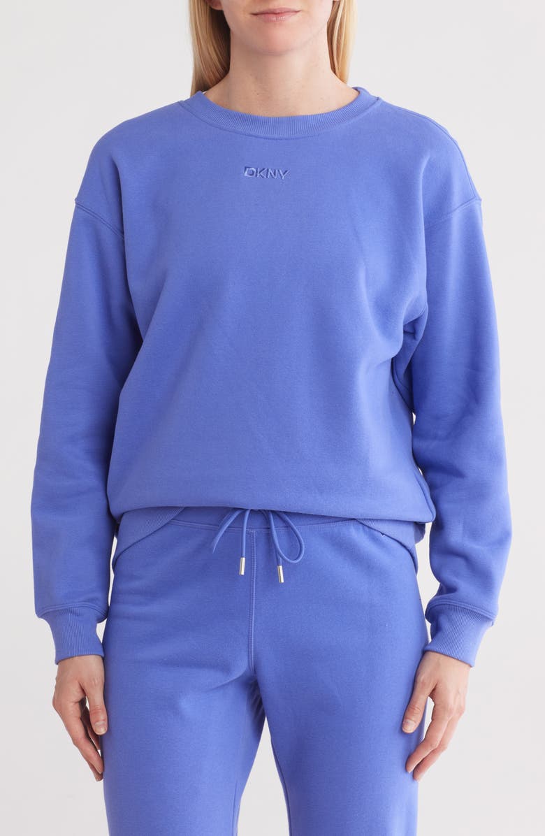 DKNY Embroidered Logo Long Line Crewneck Sweatshirt, Main, color, 