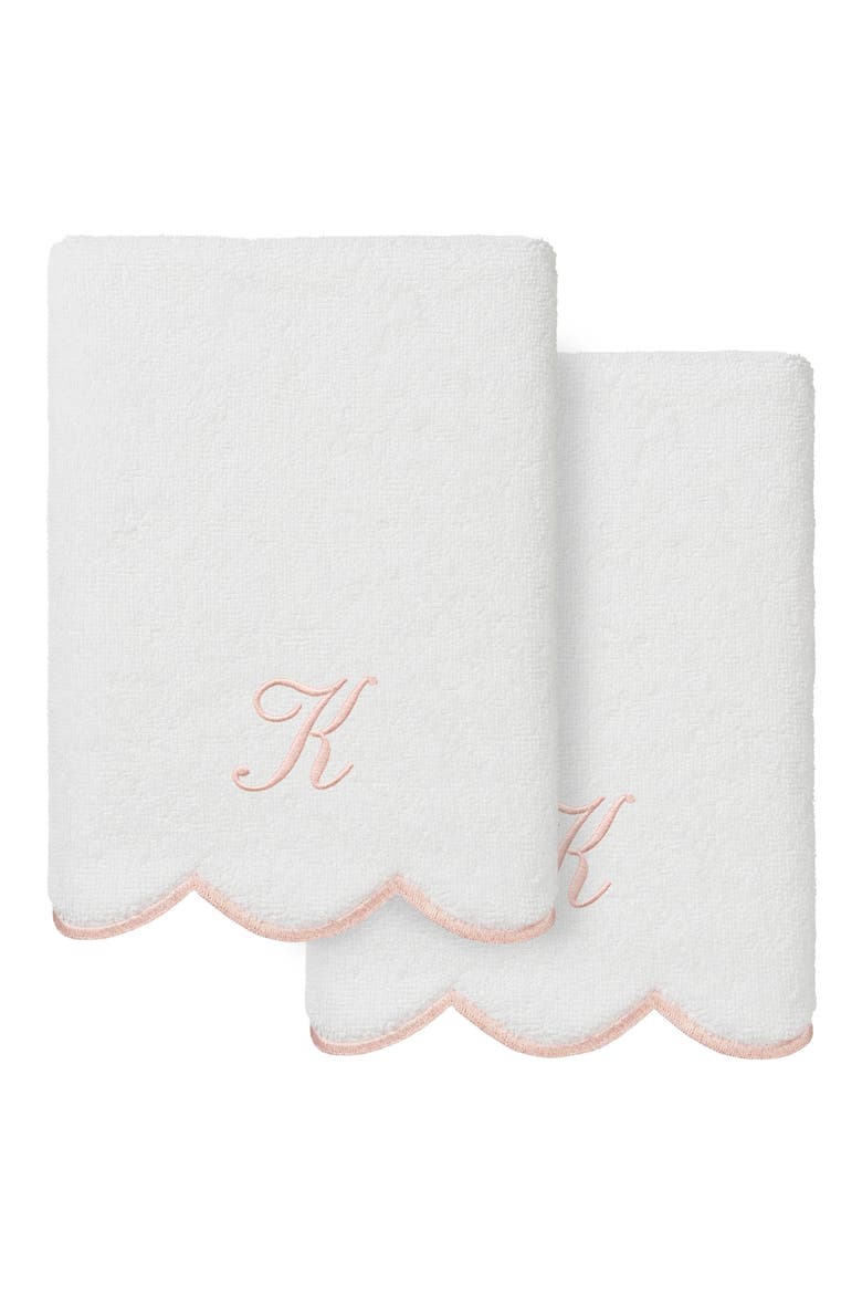 Adornia Scallop Set of 2 Monogram Hand Towels, Main, color, WHITE/ PINK K