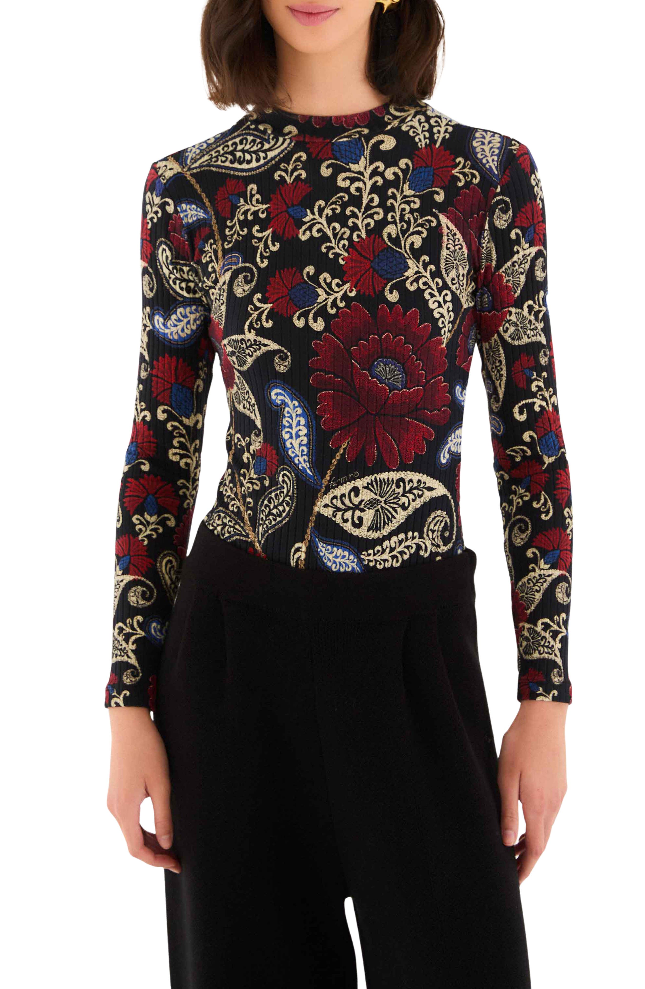 FARM Rio Valentina Floral Paisley Long Sleeve Stretch Cotton Bodysuit