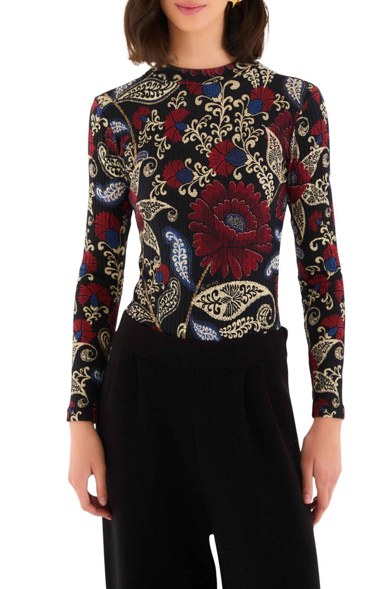 Valentina Floral Paisley Long Sleeve Stretch Cotton Bodysuit, Main, color, VALENTINA BLACK