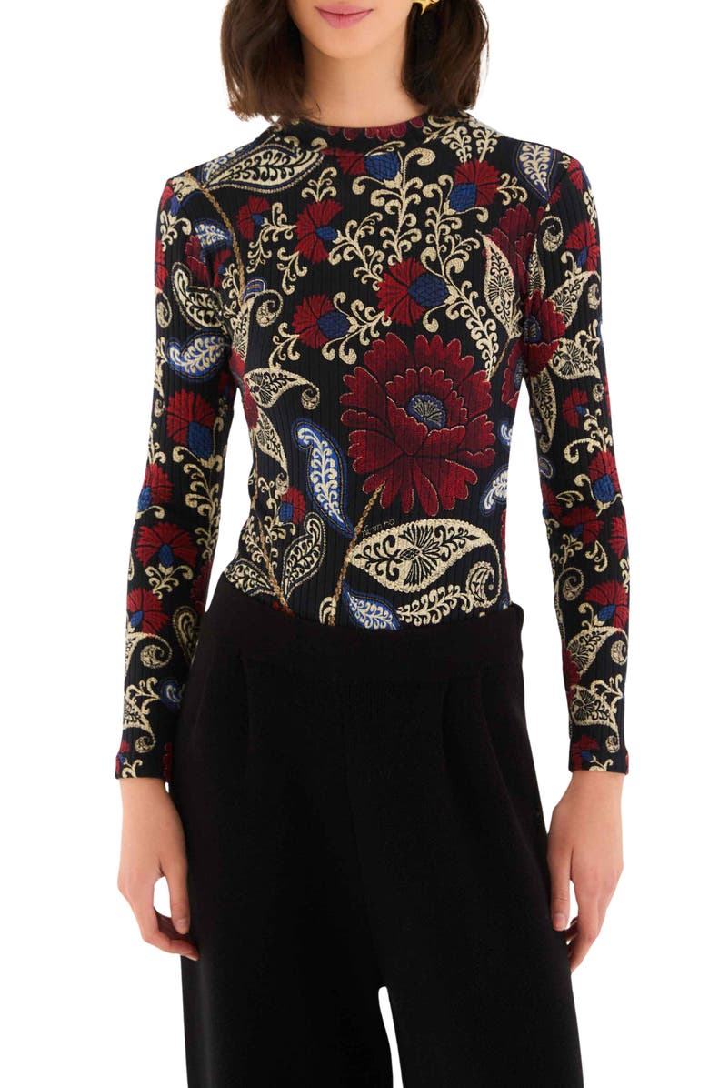 FARM Rio Valentina Floral Paisley Long Sleeve Stretch Cotton Bodysuit, Main, color, Valentina Black