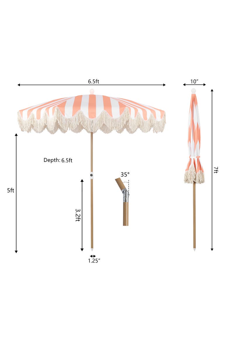 Mariner Coastal Round Outdoor Beach Umbrella with Fringe Trim, Push-Button Tilt, UV 50 Canopy and Wood-Finish Pole, Alternate, color, Coral Pink - Light Brown Pole