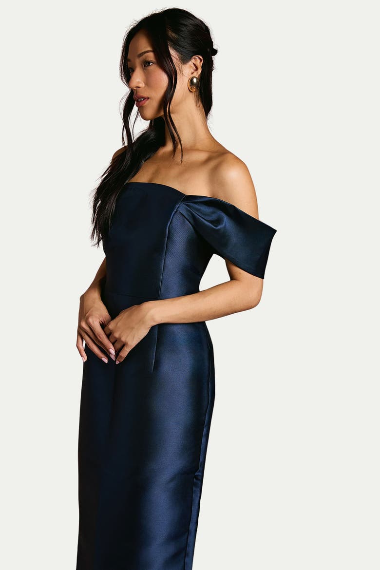Twill Bardot Off The Shoulder Dress, Alternate, color, Navy