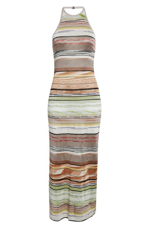 Flame Space Dye Stripe Knit Halter Neck Dress