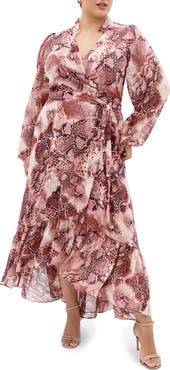 City Chic Instinct Snakeskin Print Long Sleeve Wrap Dress