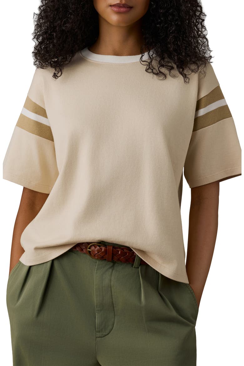 Throwback Stripe Sleeve Organic Cotton T-Shirt, Main, color, SUMMER SAND VARSITY