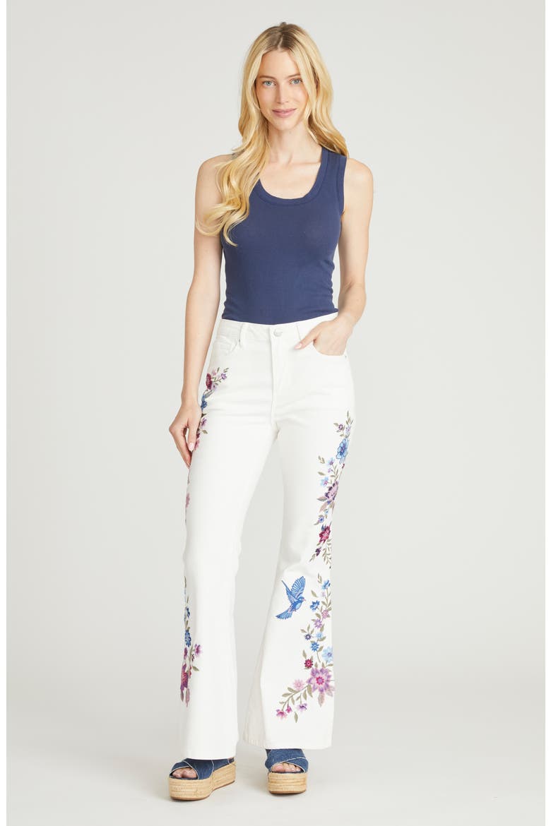 Farrah Embroidered Flare Leg Jeans, Alternate, color, WHITE