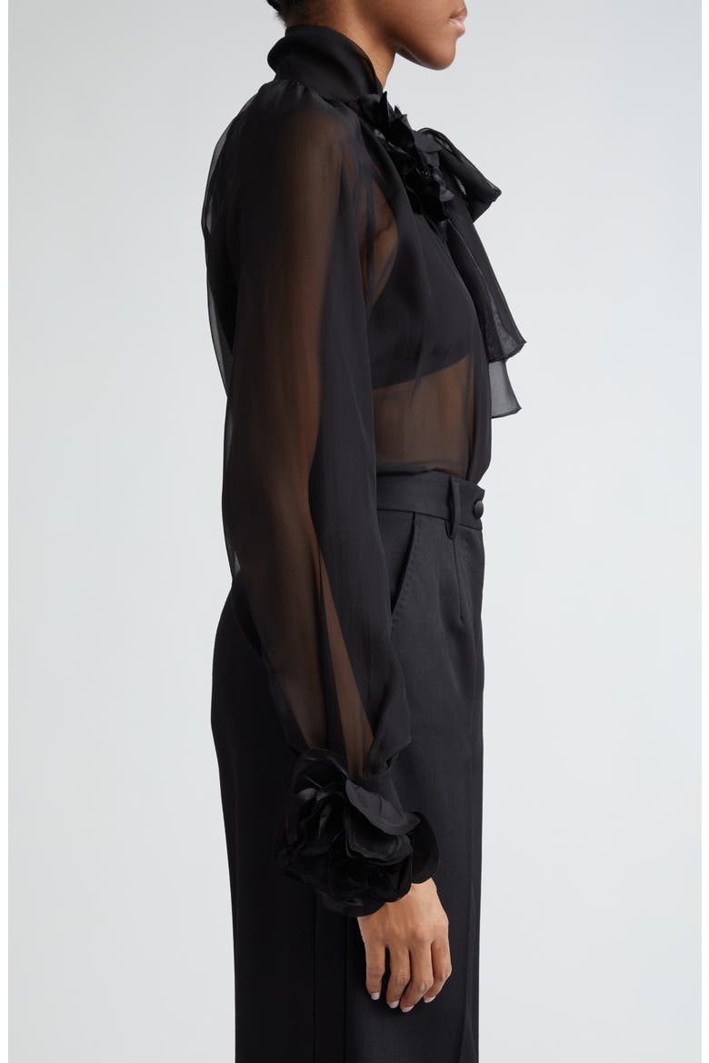 Floral Appliqué Tie Neck Sheer Silk Shirt, Alternate, color, NERO