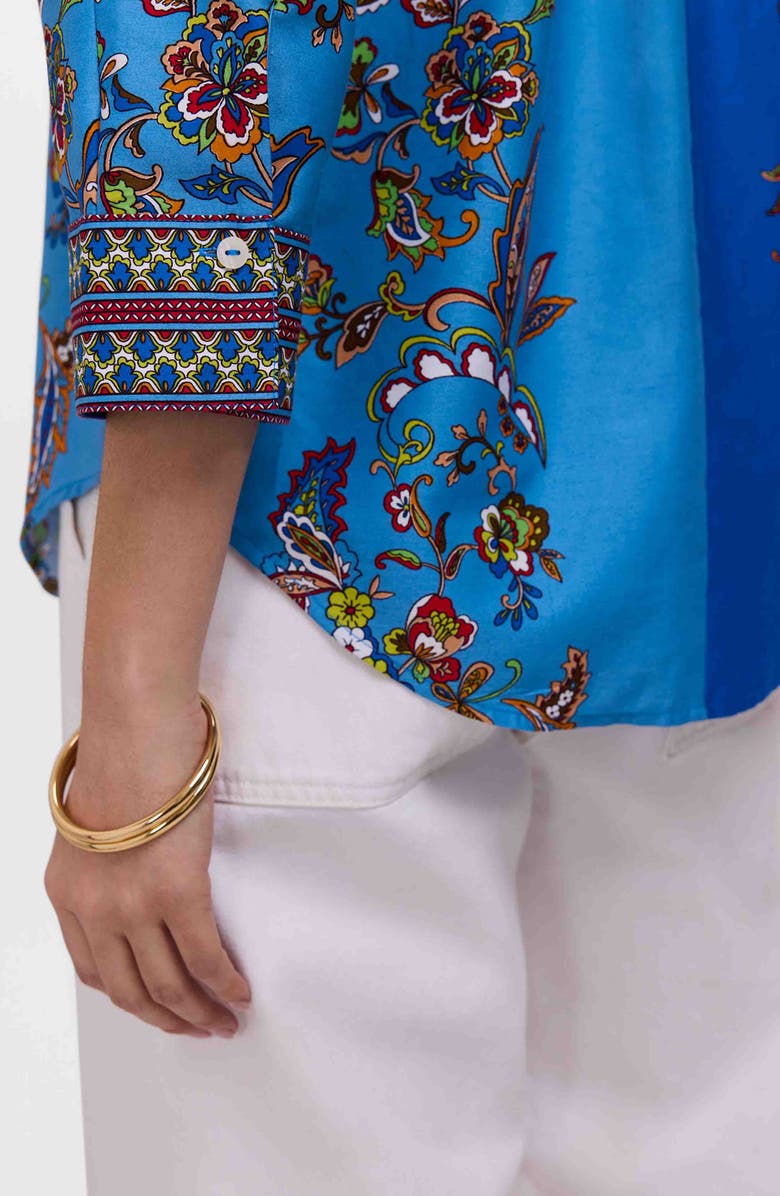 Foxcroft Margaret Floral Three-Quarter Sleeve Cotton Button-Up Shirt, Alternate, color, Blue Multi