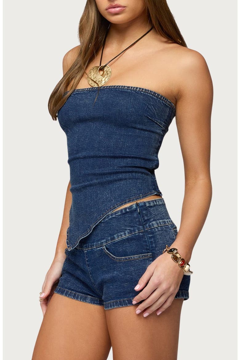 Zaida Strapless Handkerchief Hem Denim Top, Alternate, color, BLUE