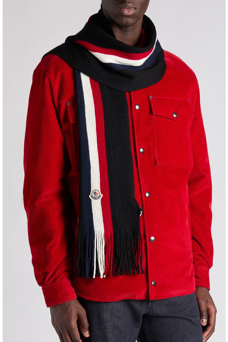 Logo Patch Stripe Virgin Wool Fringe Scarf, Alternate, color, BLACK