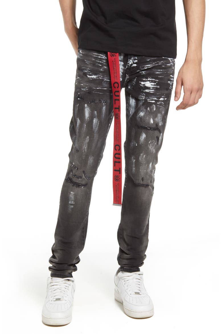 Men's Punk Belted Stretch Super Skinny Jeans, Main, color, PAIN