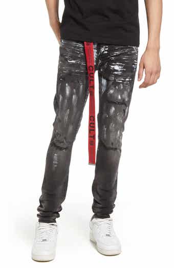 Cult of Individuality Men's Punk Belted Stretch Super Skinny Jeans