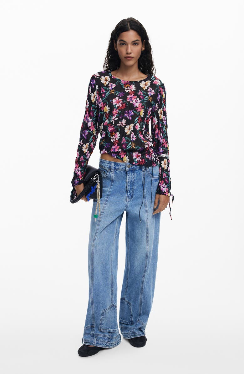 Desigual Floral Pintuck Top, Alternate, color, Black
