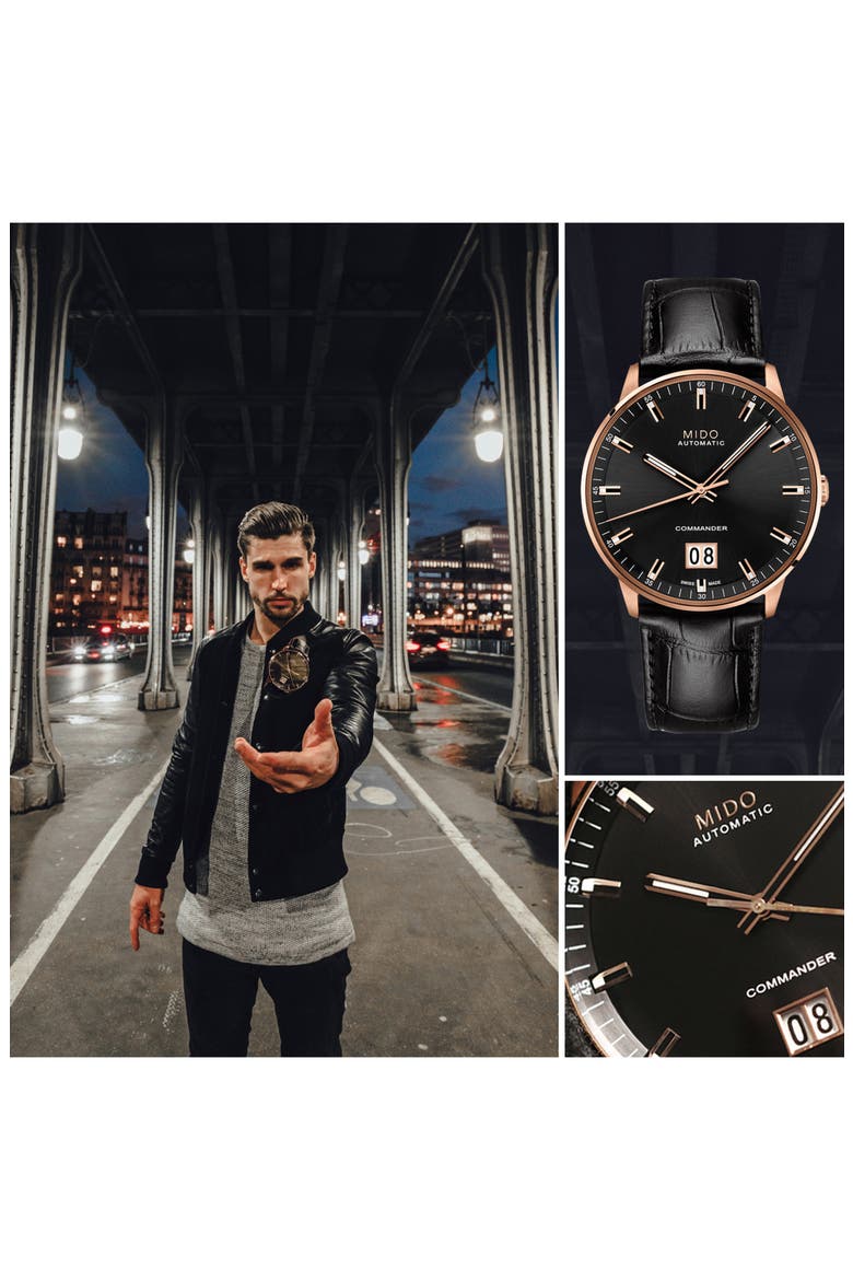 Commander II Skeleton Leather Strap Watch, Alternate, color, BLACK/ ROSE GOLD