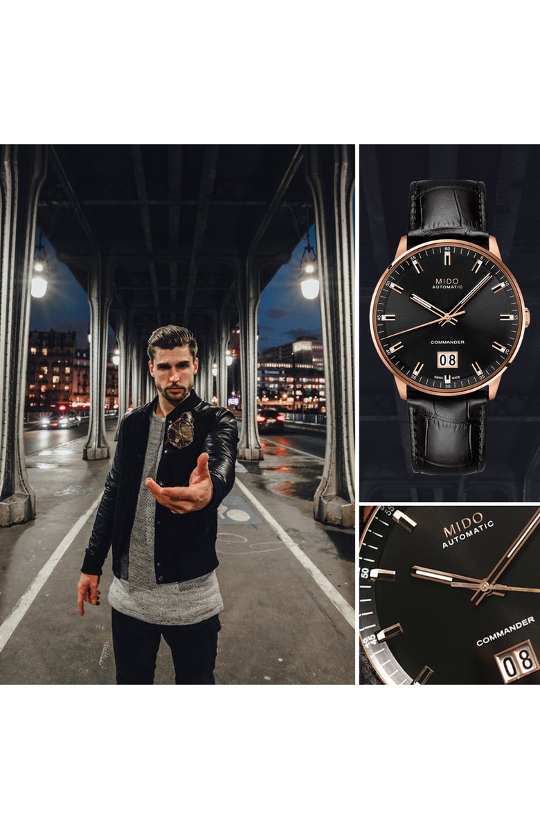 MIDO Commander II Skeleton Leather Strap Watch, Alternate, color, Black/ Rose Gold