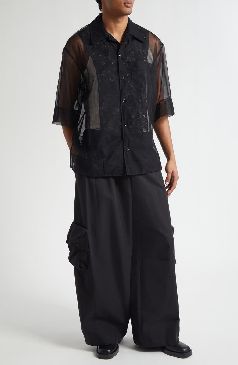Simone Rocha Trapped Lace Patchwork Camp Shirt, Alternate, color, Black/ Black