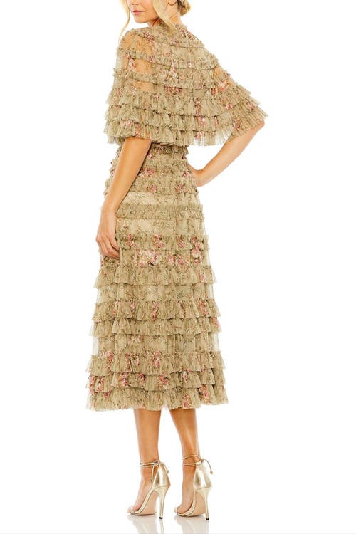 Mac Duggal Floral Mesh Ruffle Midi Dress In Brown
