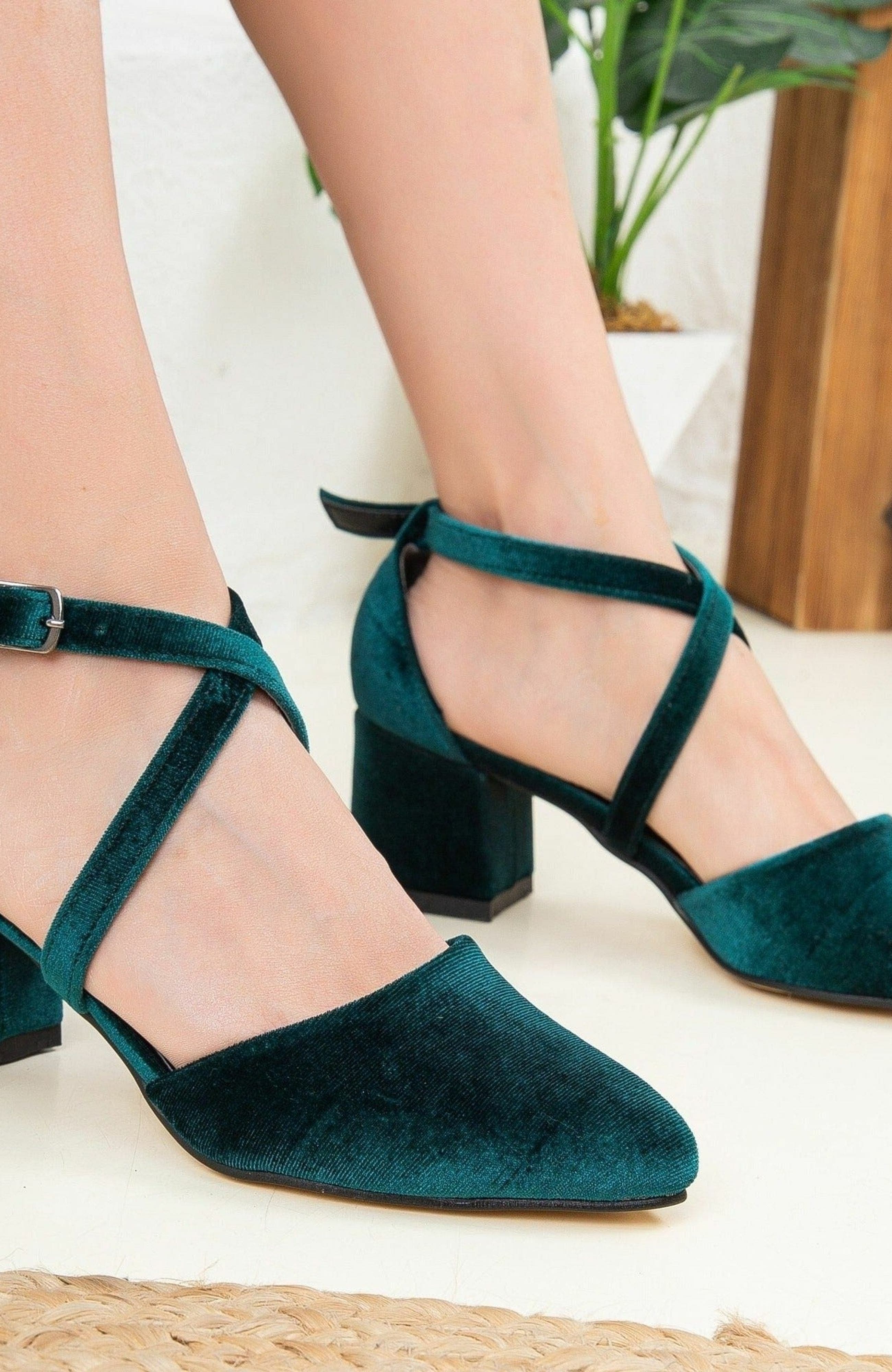 Forever & Always Shoes Dolly Low Block Heel Pumps, Alternate, color, Emerald Green Velvet