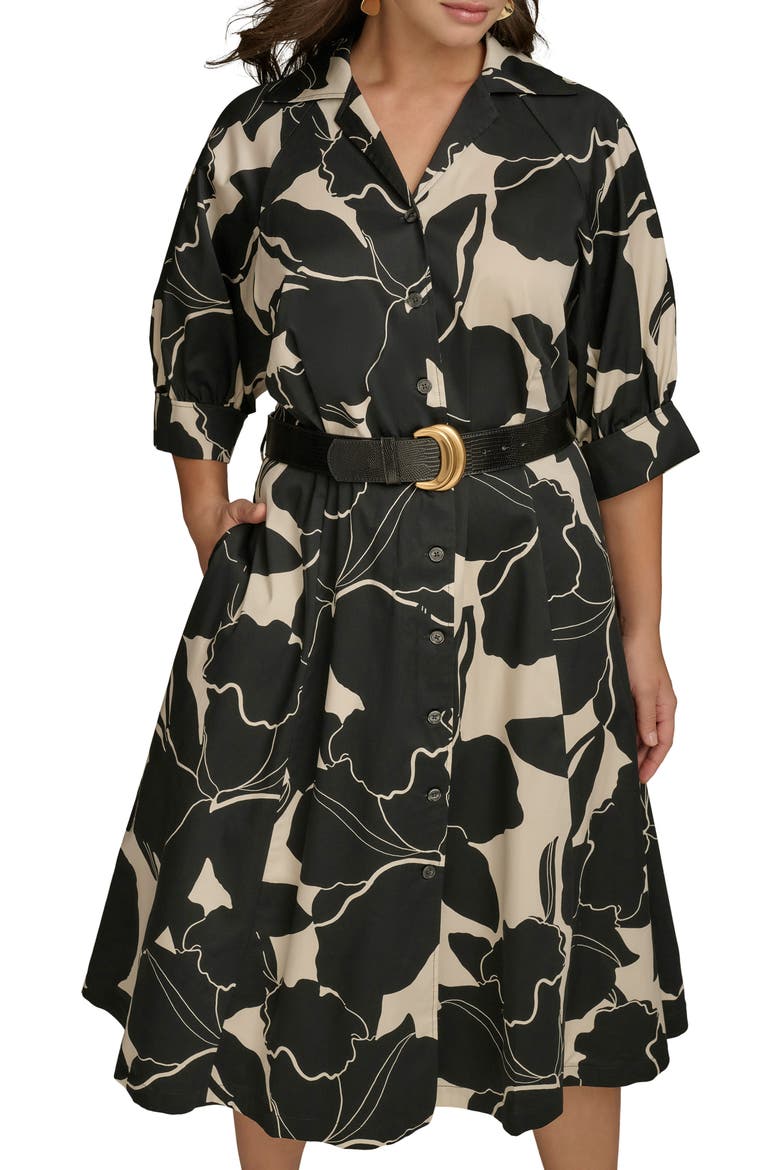 Printed Belted Midi Shirtdress, Main, color, BLACK/ PARCHMENT