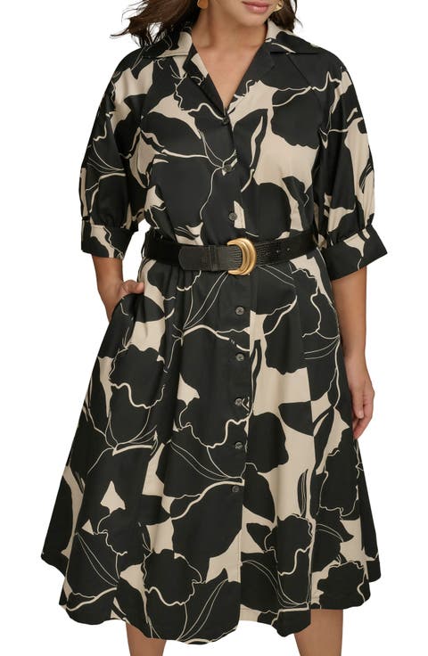 Printed Belted Midi Shirtdress (Plus)