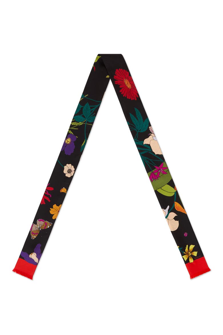 Gothic Floral Silk Skinny Scarf, Main, color, BLACK/ RED