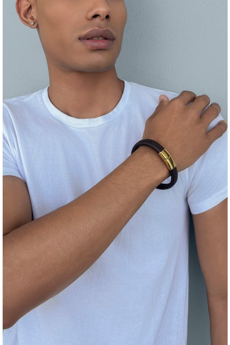 Men's Braided Leather Bracelet, Alternate, color, DARK BROWN/ GOLD