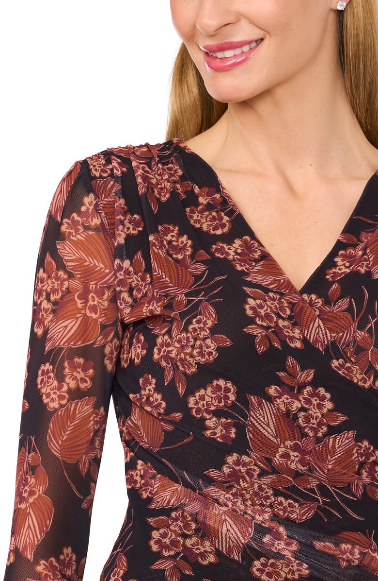 Ted Baker Floral Long Sleeve Mesh Top, Alternate, color, Leather Brown