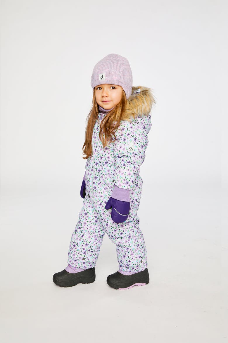 Mini Flowers Original One Piece Puffy Snowsuit with Removable Mittens and Boots, Alternate, color, Purple Printed Mini Flowers