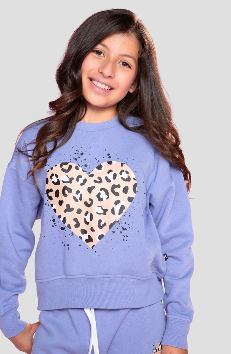 PixieLane Kids' Cloud Soft Cheetah Heart Graphic Sweatshirt, Alternate, color, Vintage Iris Leopard Heart