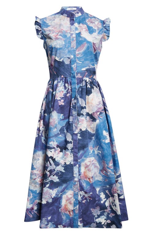 Erdem Floral Print Sleeveless Crinkled Satin Midi Dress In Blue