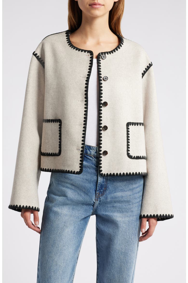 Melanie Embroidered Detail Wool Blend Jacket, Main, color, OATMEAL