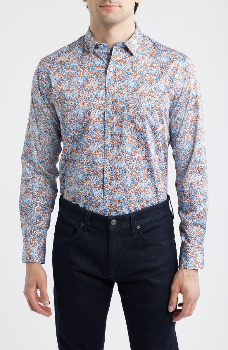 Johnston & Murphy Logan Print Button-Up Shirt, Main, color, Orange/ Navy Paisley