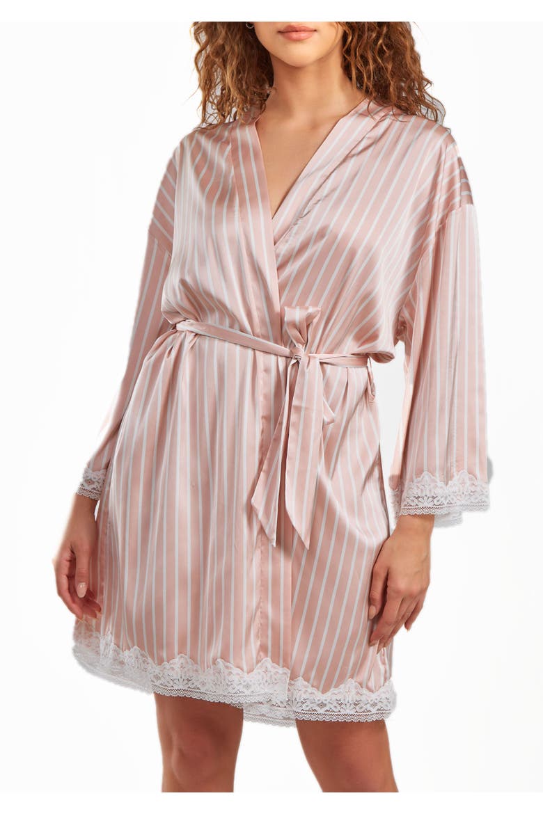 Silky Satin Stripe Lace Robe Mid-Thigh Length, Main, color, Pink
