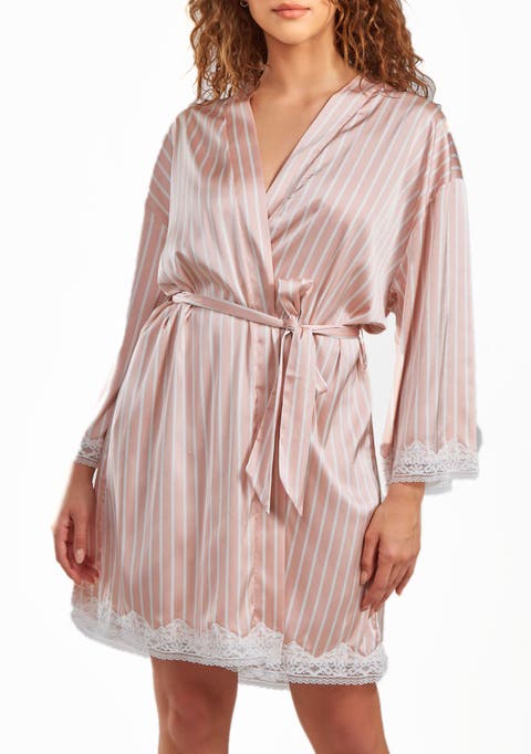 Silky Satin Stripe Lace Robe Mid-Thigh Length