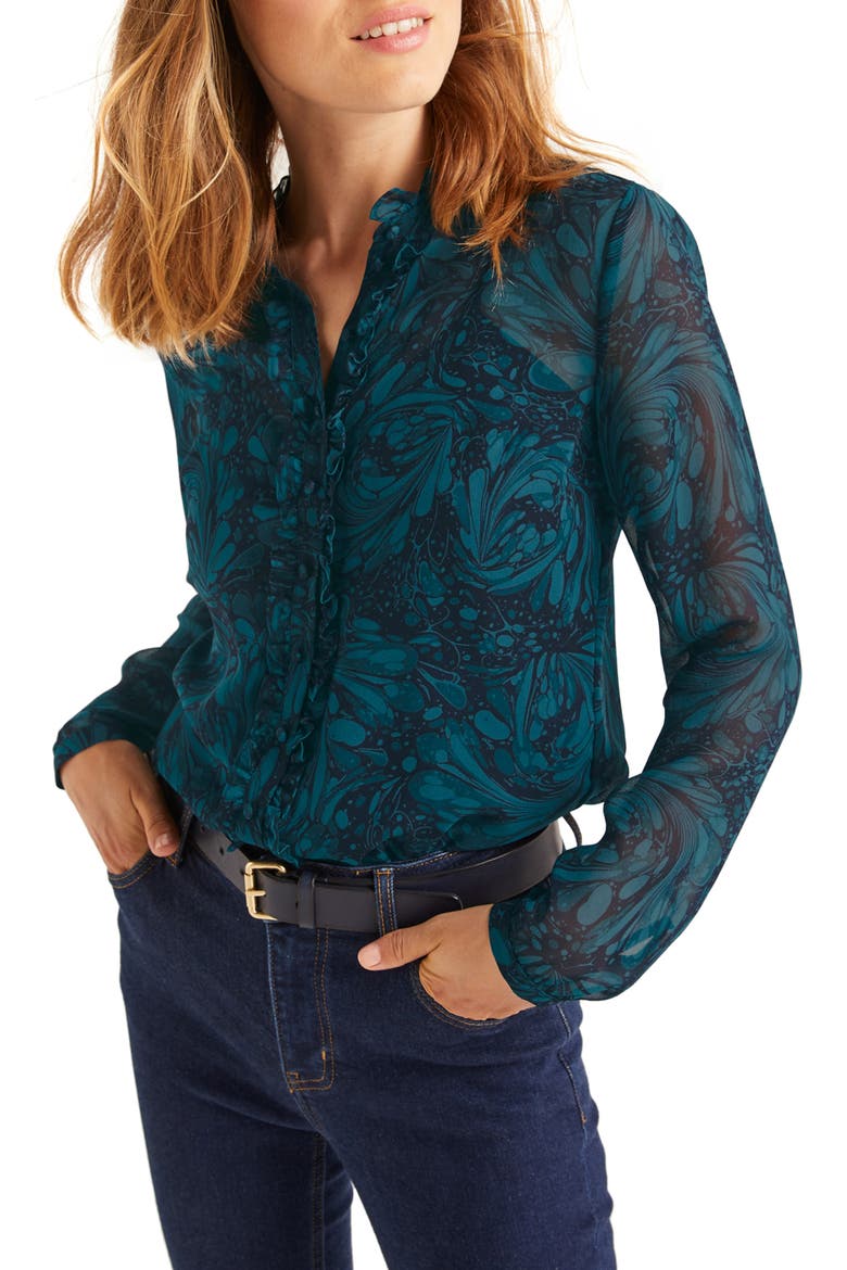 Lavinia Silk Blouse, Main, color, NAVY MARBLED DREAMS