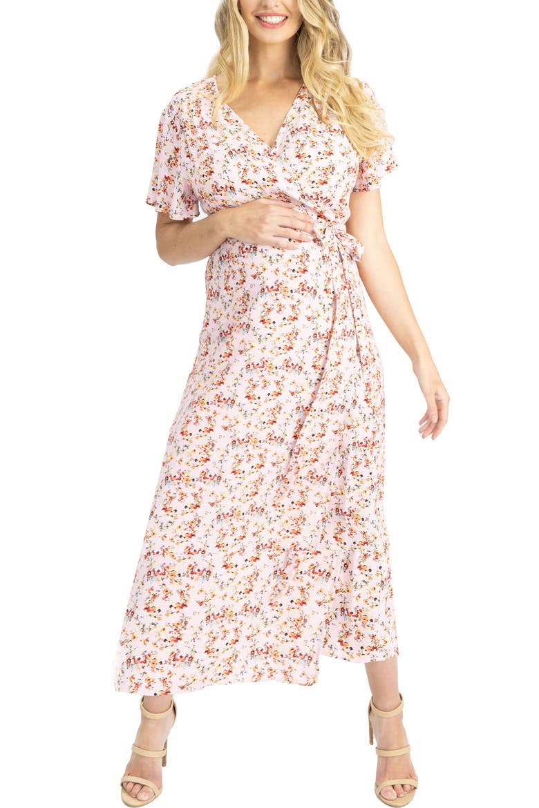 Floral Maternity/Nursing Wrap Dress, Main, color, PINK