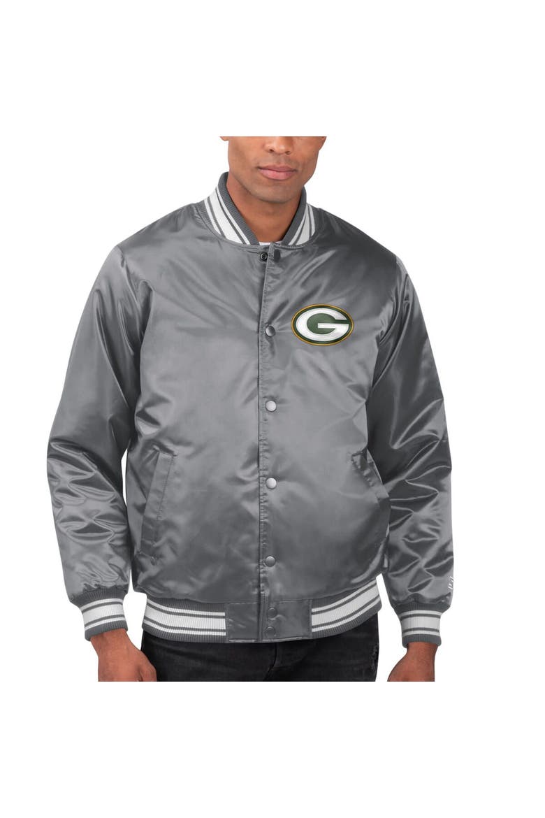 Men's Starter Silver Green Bay Packers Locker Room Satin Varsity Full-Snap Jacket, Main, color, Black