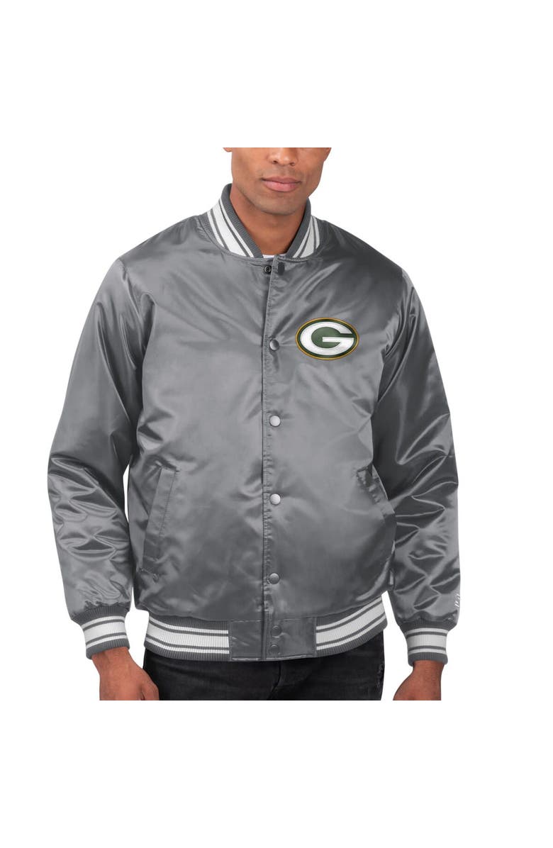 STARTER Men's Starter Silver Green Bay Packers Locker Room Satin Varsity Full-Snap Jacket, Main, color, Black