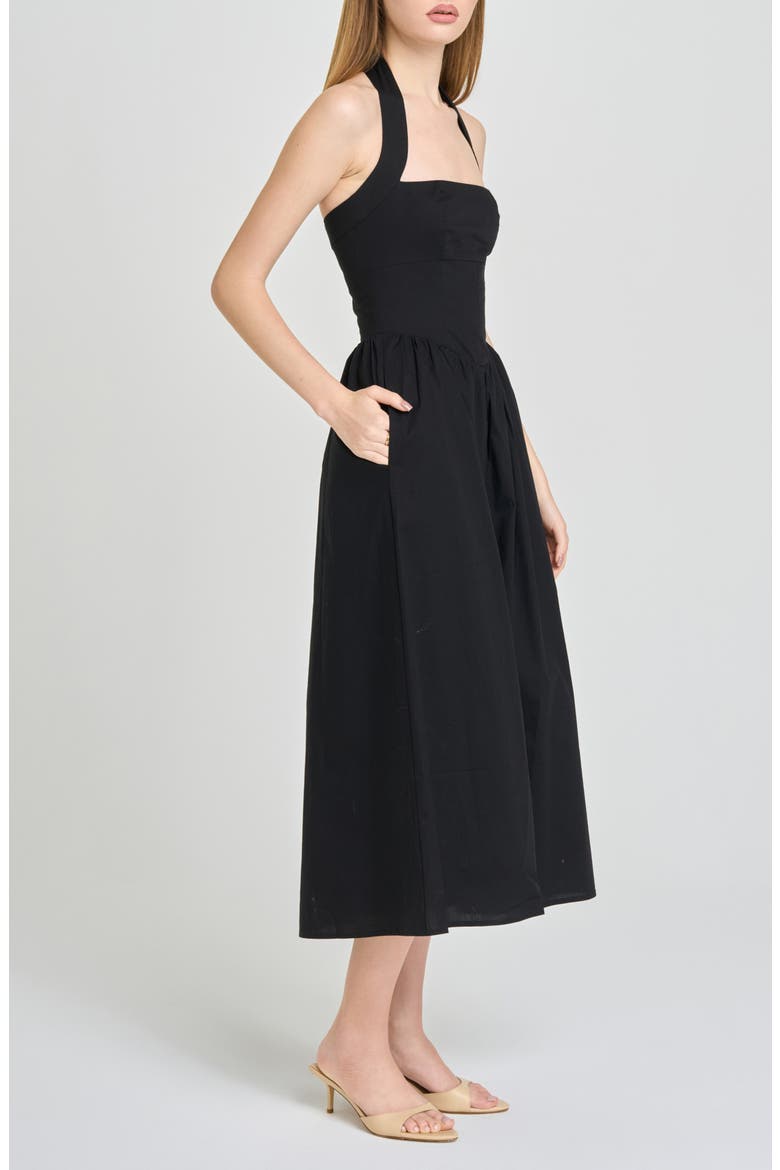 Camellia Halter Neck Stretch Cotton Midi Dress, Alternate, color, BLACK