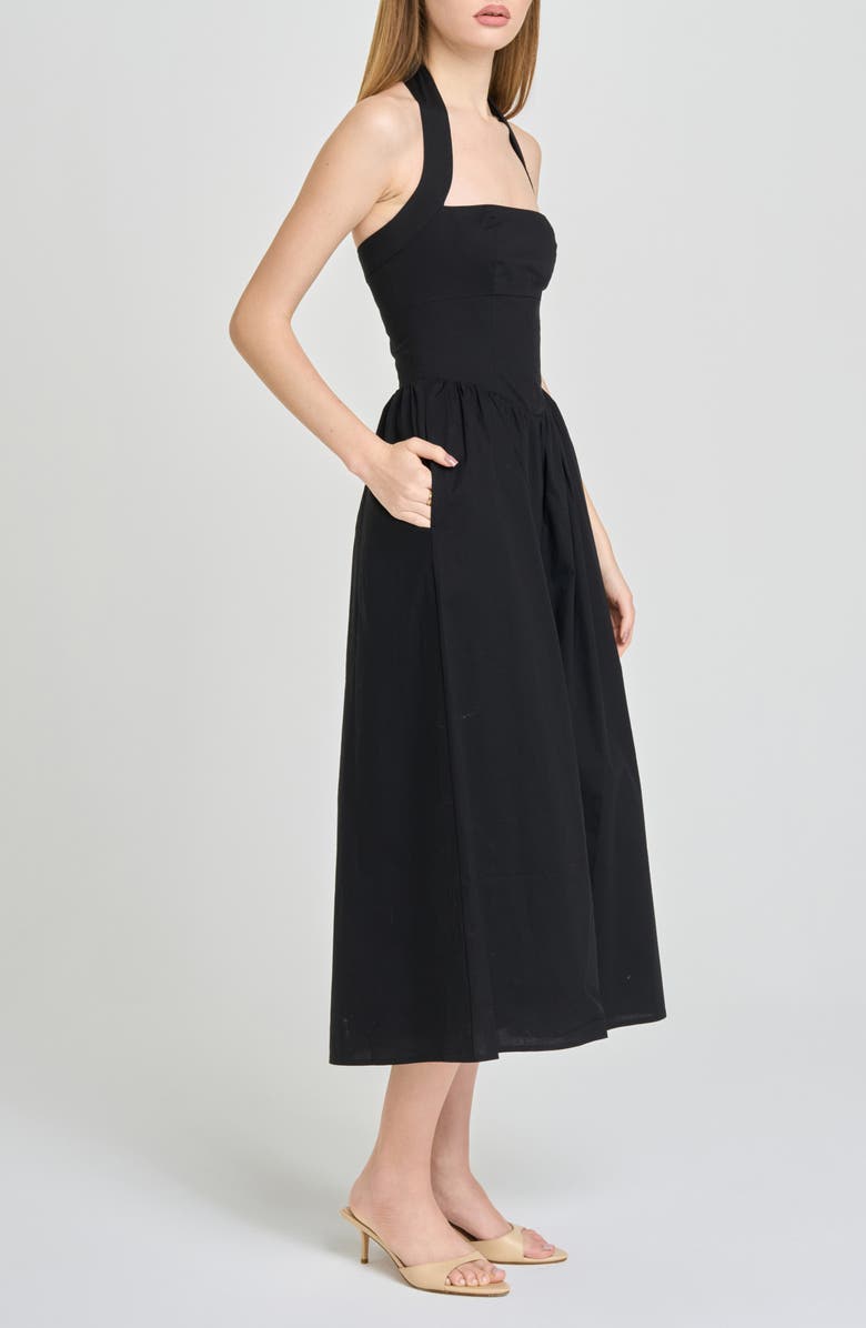 WAYF Camellia Halter Neck Stretch Cotton Midi Dress, Alternate, color, Black