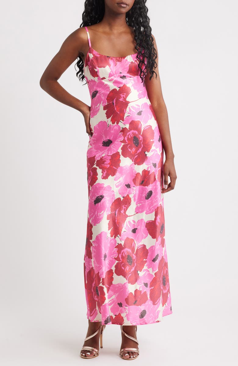 Lulus Faye Floral Print Slipdress, Main, color, Fuchsia Floral
